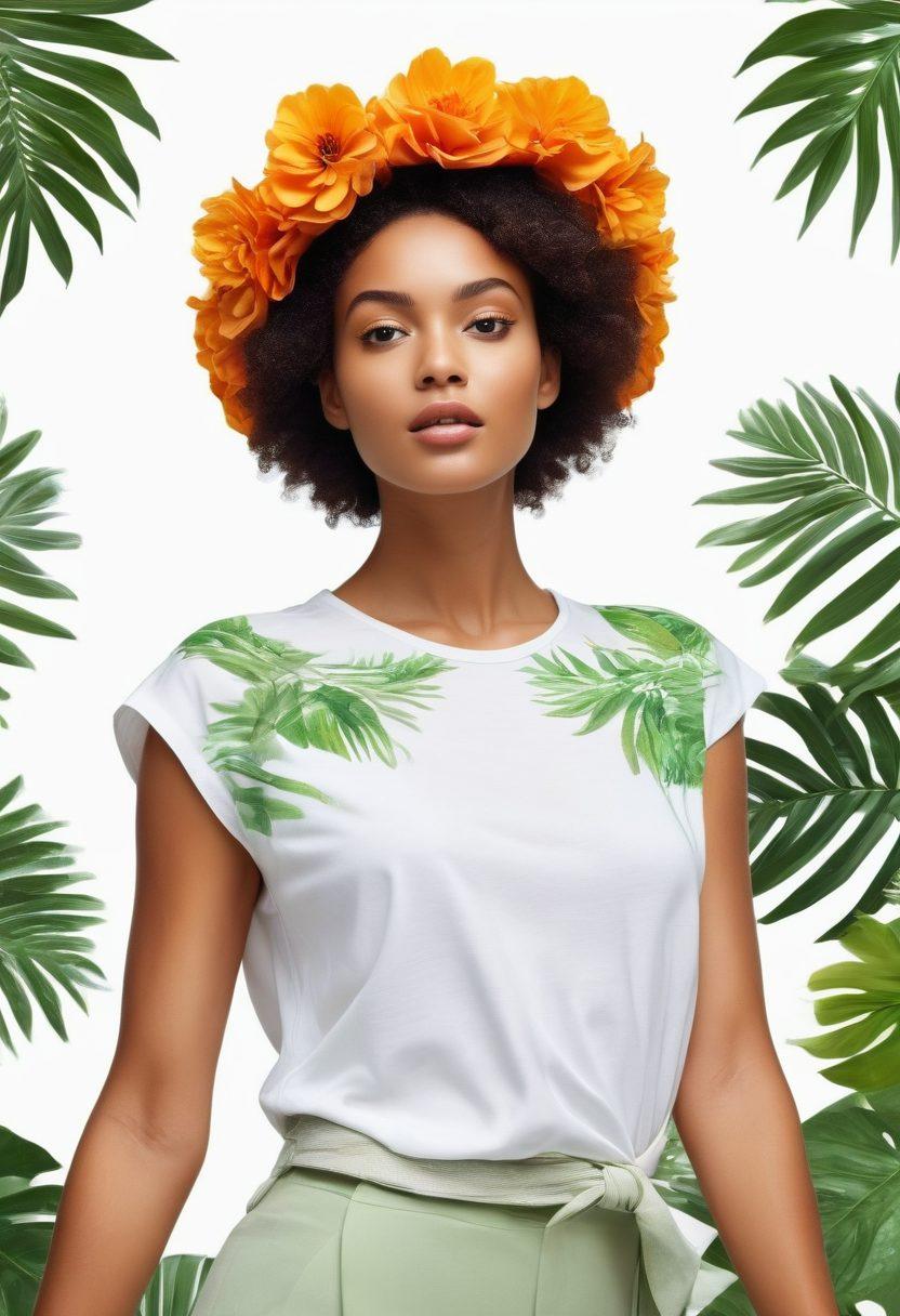 A modern, eco-friendly fashion scene showcasing sustainable clothing made from organic materials, adorned with nature-inspired designs. Include diverse models exhibiting confidence, surrounded by lush greenery and recycled fashion accessories, symbolizing innovation. The atmosphere should convey a vibrant yet serene vibe, blending contemporary style with environmental consciousness. Illustrate with bright, lively colors and dynamic poses. super-realistic. vibrant colors. white background.