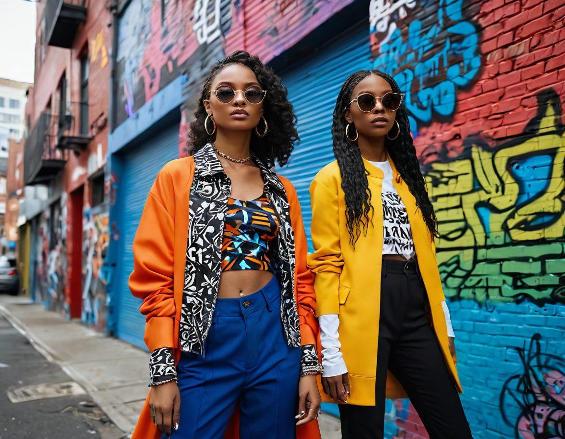 A dynamic scene depicting diverse individuals showcasing eclectic outfits inspired by Third Wave Fashion, set against an urban backdrop filled with graffiti art. Incorporate bold patterns, layering, and a mix of textures that highlight individuality and confidence. Vibrant accessories and expressive poses emphasize the creativity in each style. Capture a sense of movement and excitement, making the viewer feel immersed in the fashion world. 3D illustration. vibrant colors. urban style.