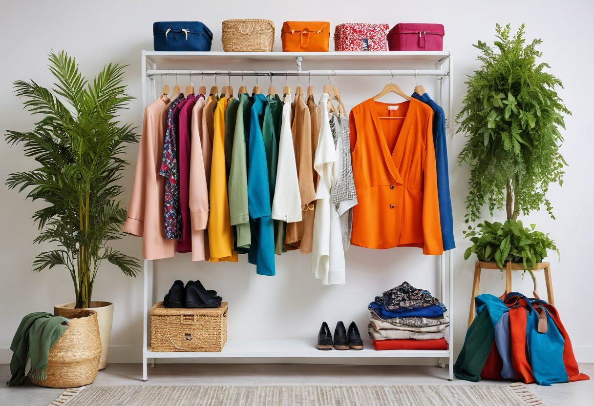 A stylish closet filled with fashionable yet eco-friendly clothing items, featuring vibrant colors and sustainable fabrics. Include a trendy outfit on a mannequin, surrounded by innovative accessories made from recycled materials. The backdrop should be a modern urban setting with greenery subtly incorporated. Super-realistic. Bright, lively colors. White background.